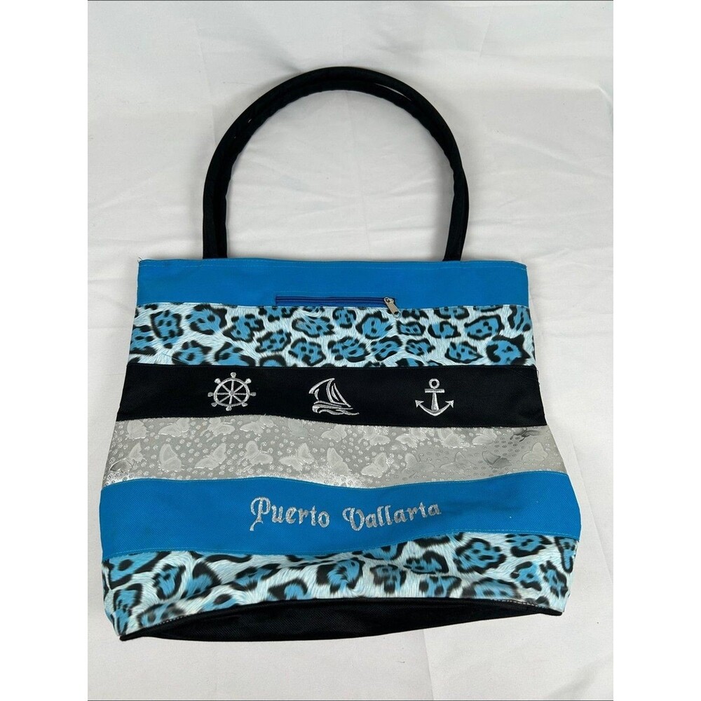 Puerto Vallarta Tote Blue Animal Print Beach Nautical Silver Butterflies